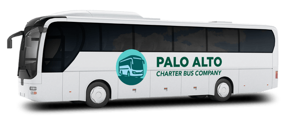 a plain white charter bus with a Palo Alto charter bus company logo on it